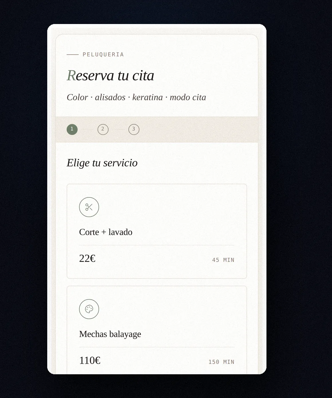 Widget de reservas de Reservas Pro en modo cita para el caso piloto de peluquería, con catálogo de servicios y selección de profesional.