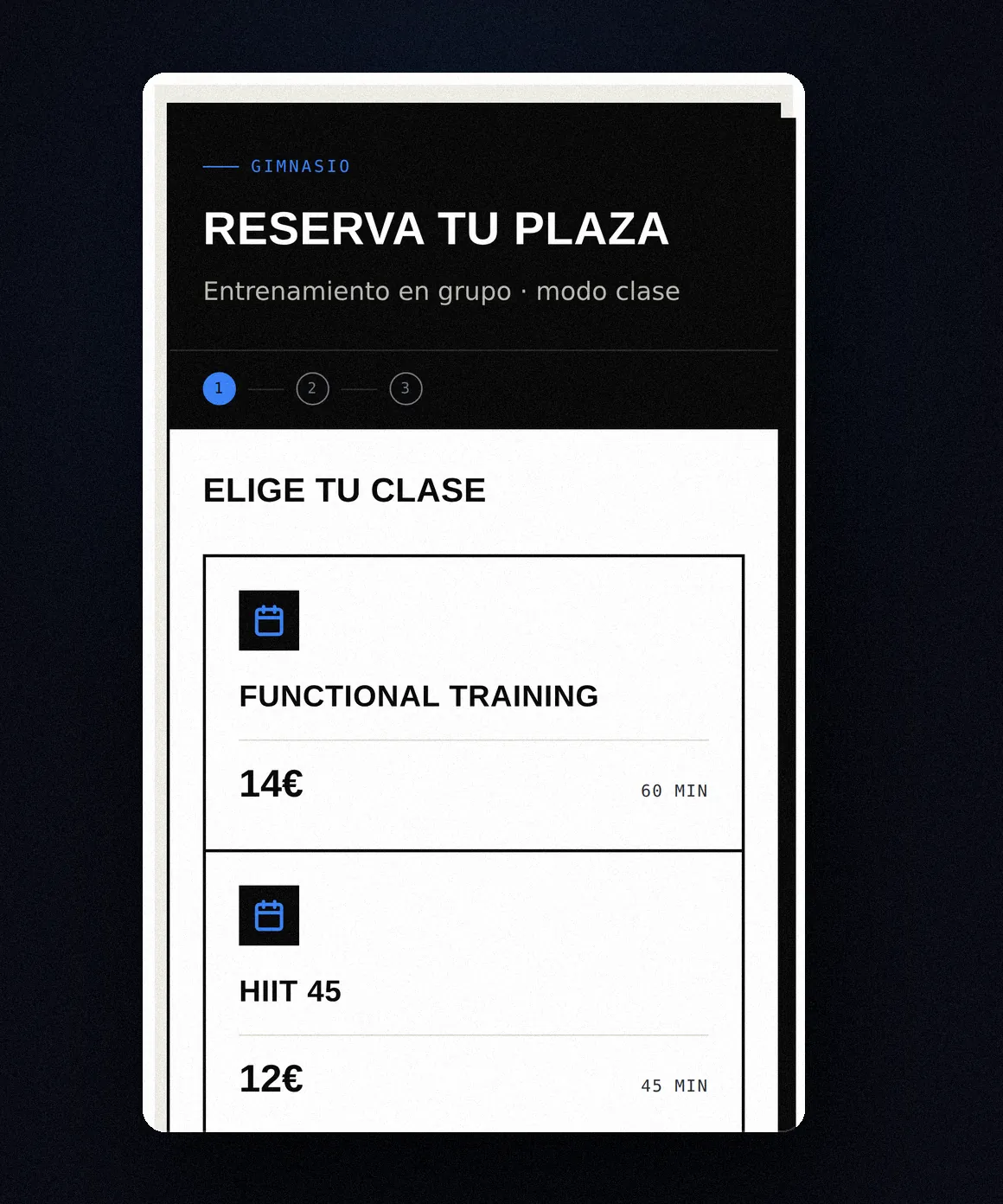 Reservas Pro en modo clase para el caso piloto de fitness, con cuadrante de sesiones y plazas disponibles.