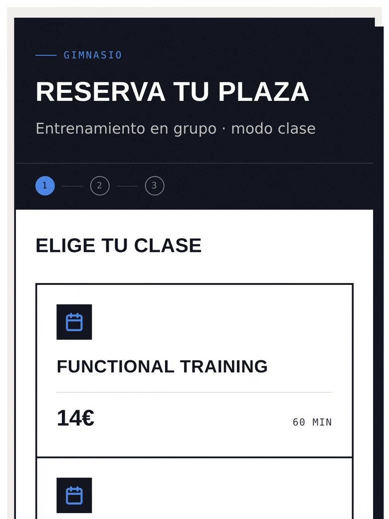Mockup del widget de reservas para un gimnasio en modo clase, con skin Bold.
