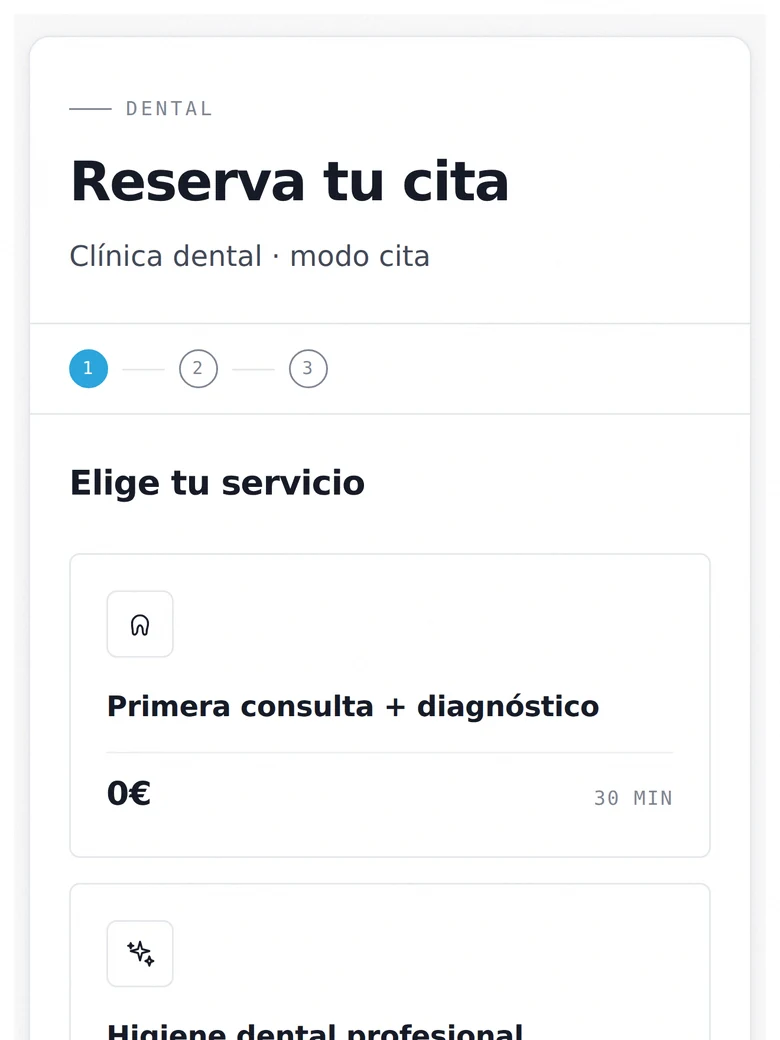 Mockup del widget de reservas para una clínica dental en modo cita, con skin Clinical.