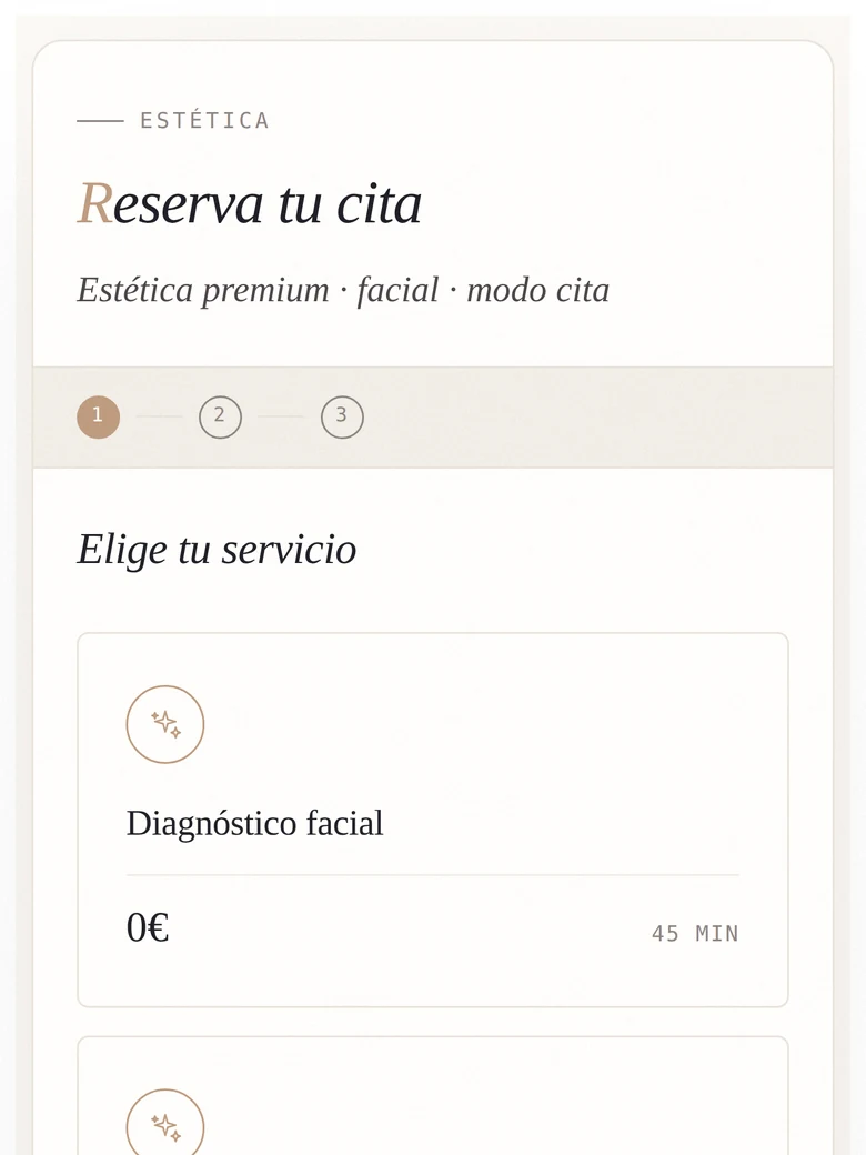 Mockup del widget de reservas para una peluquería en modo cita, con skin Editorial.