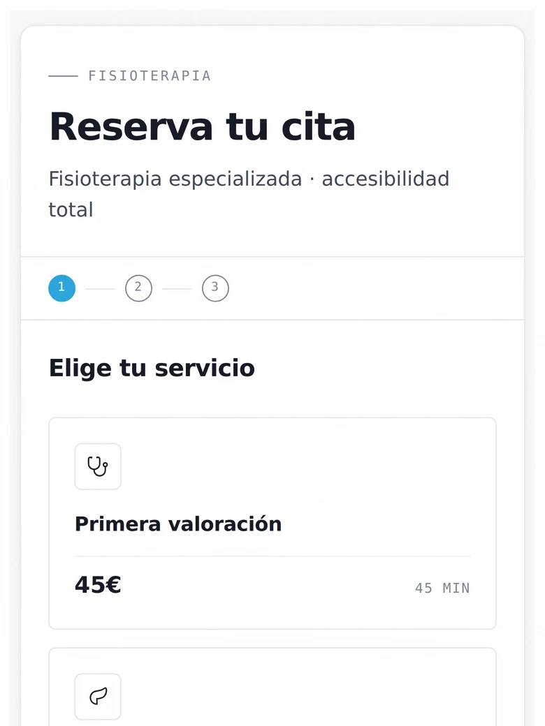 Mockup del widget de reservas para una clínica de fisioterapia en modo cita, con skin Clinical.