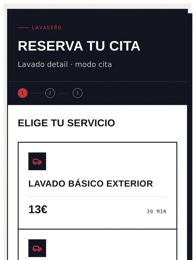 Mockup del widget de reservas para un lavadero de coches en modo cita, con skin Bold.